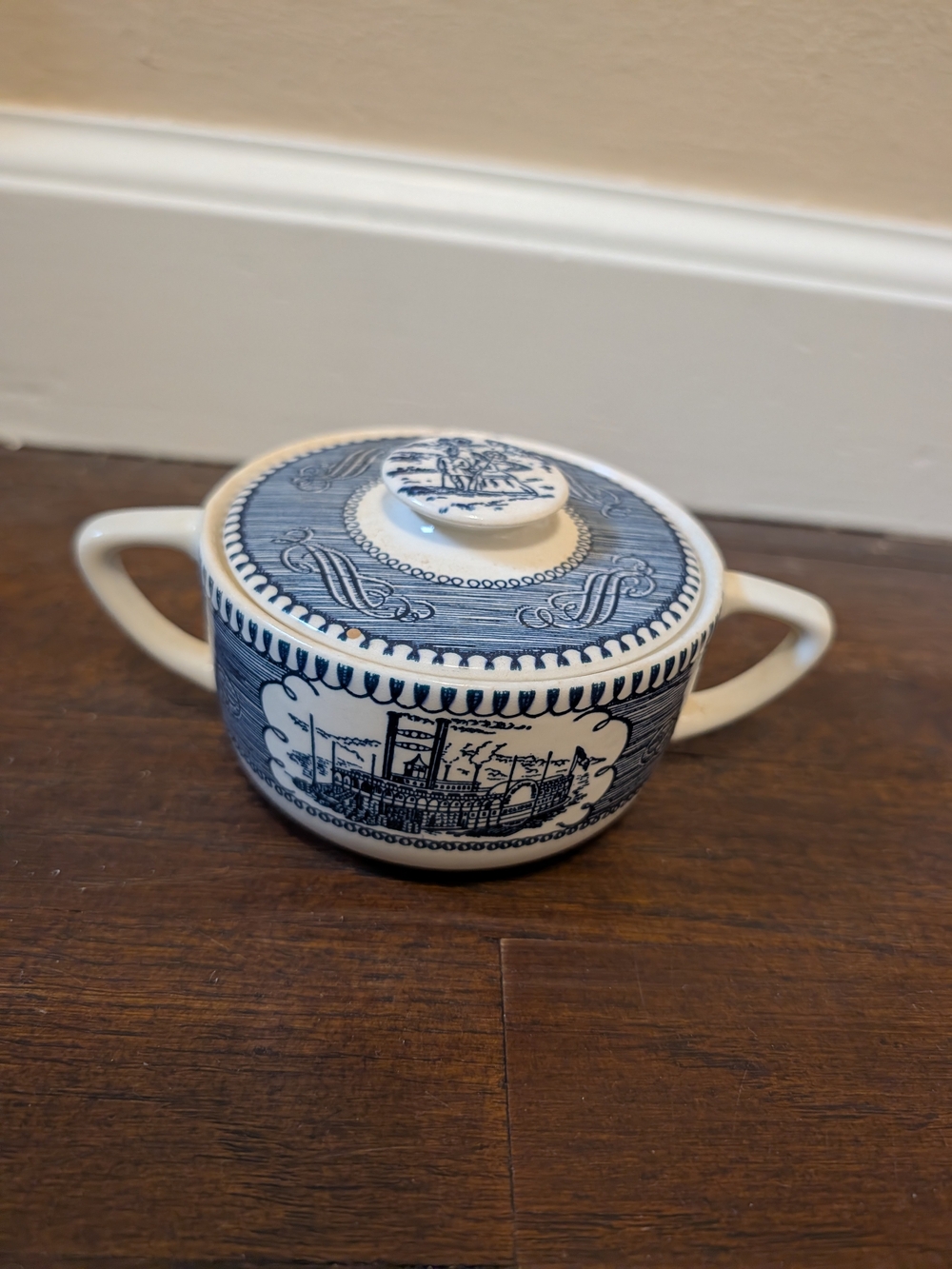 Vintage Currier & Ives Blue and White Porcelain Lidded Sugar Bowl